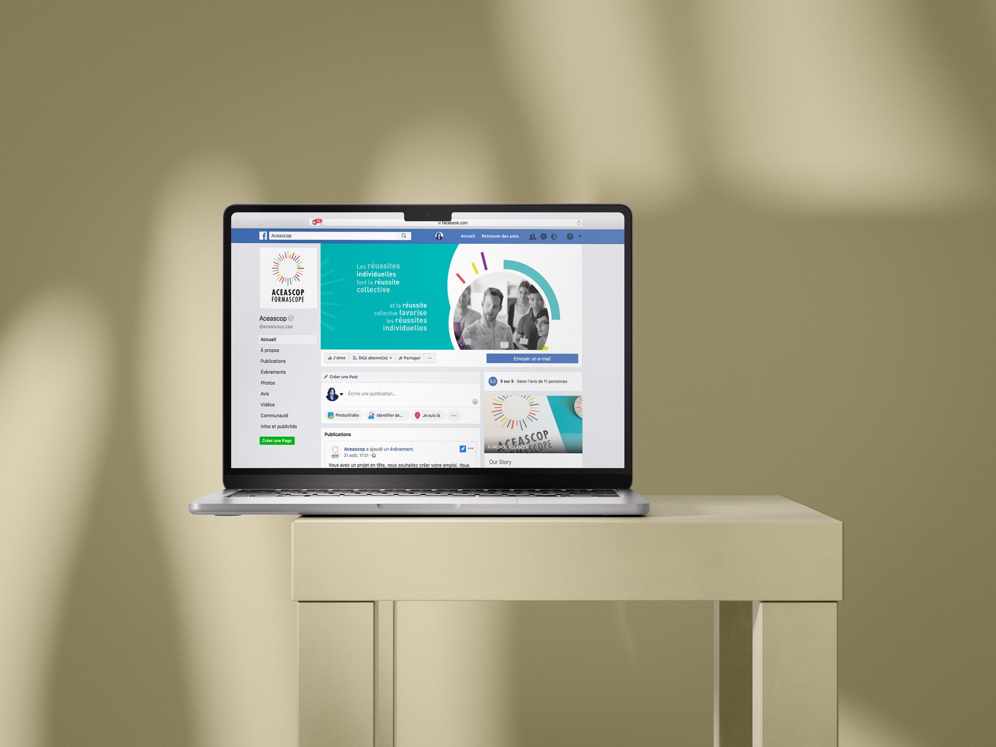 Mockup d'ordinateur présentant la bannière et la page Facebook d'Aceascop — Web design Lauma Design